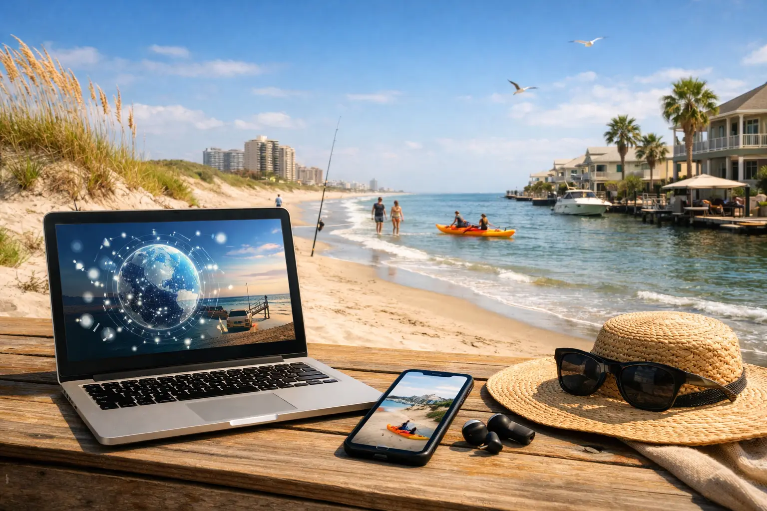 Laptop, phone, straw hat and sunglasses on a wooden table overlooking a sandy beach with kayakers and waterfront homes.