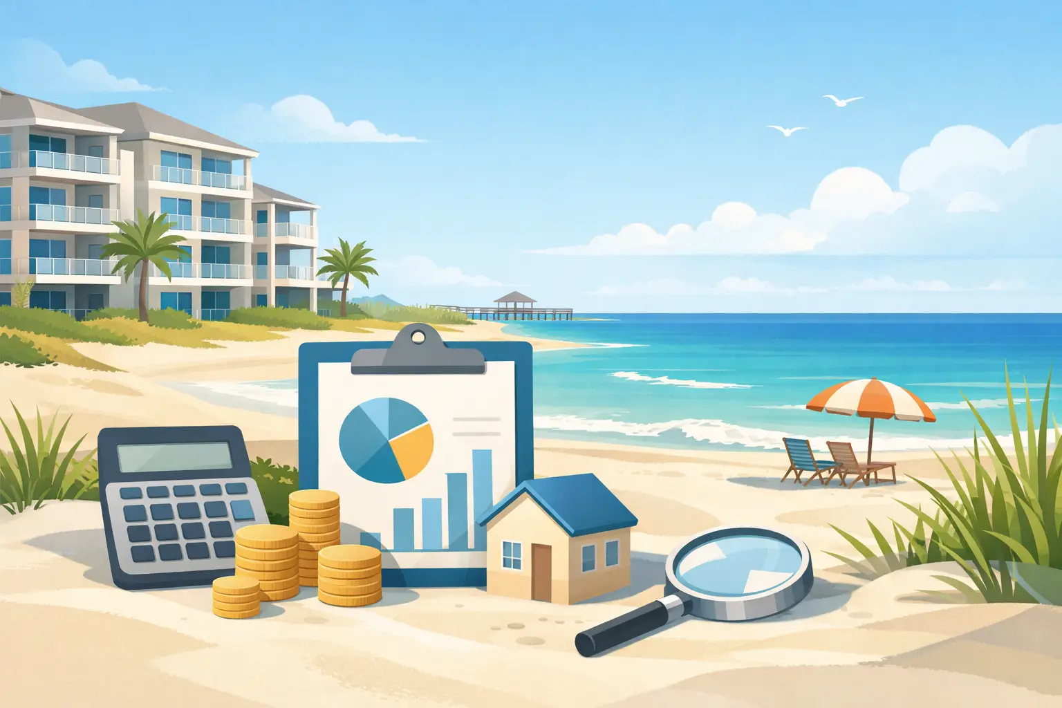 Illustration of beachfront condos with a calculator, coins, charts, model house, and magnifying glass on the sand.