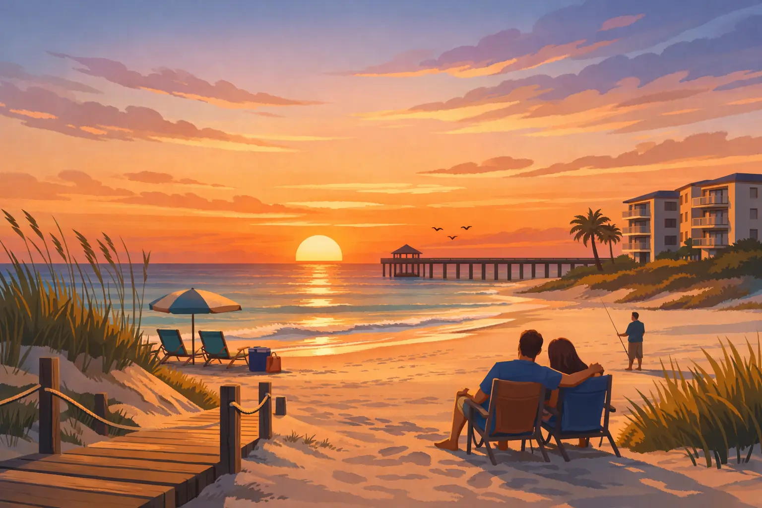 Illustrated beach sunset with a seated couple, a person fishing, a pier, palm trees and waterfront buildings.