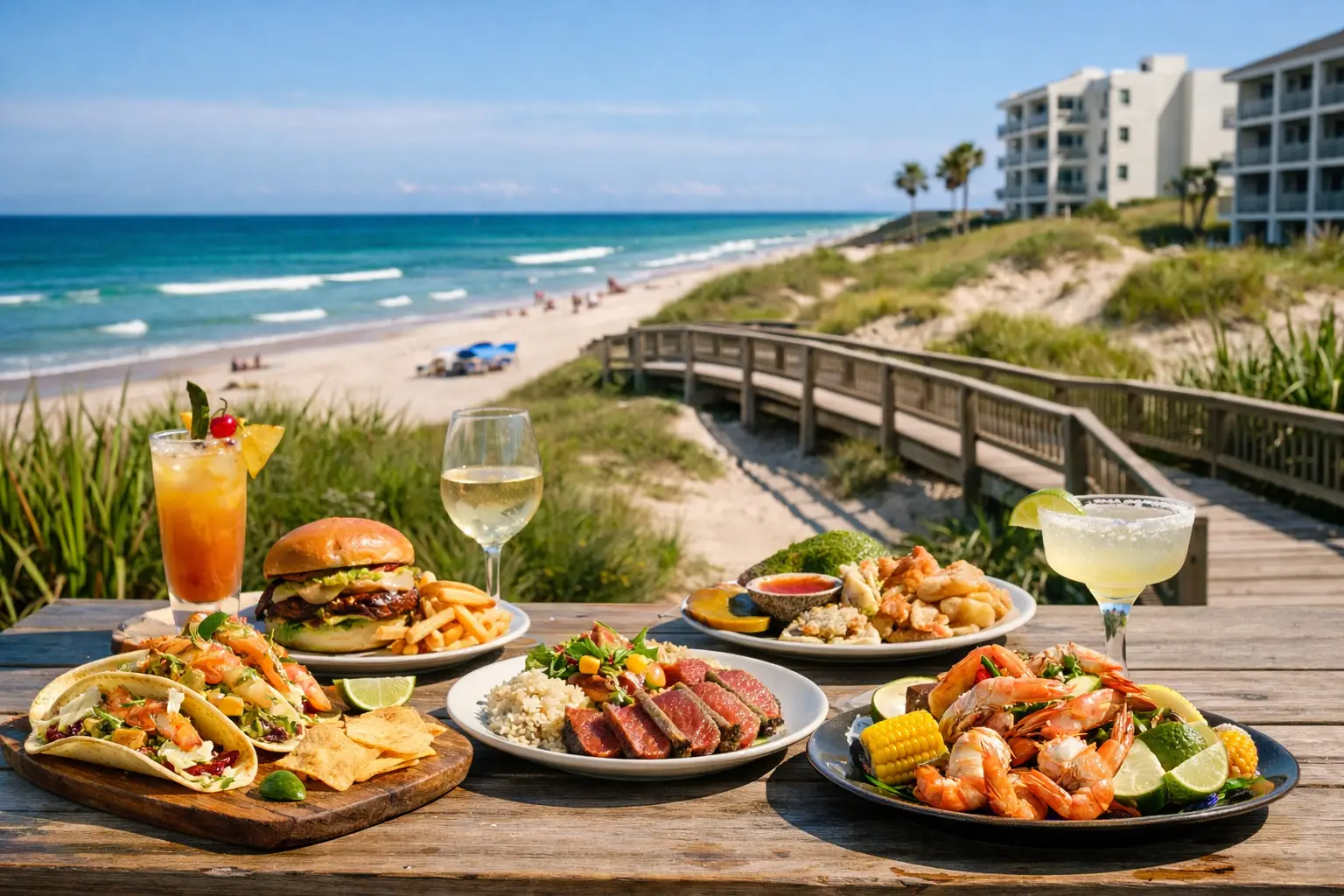 Tacos, a burger, seafood platters and drinks on a wooden table overlooking a sandy beach and ocean.
