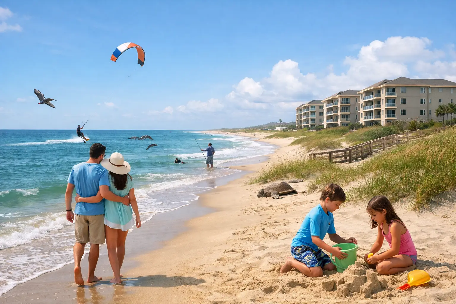 Children build sandcastles as a couple stands by the surf, with a kiteboarder and beachfront buildings behind them.