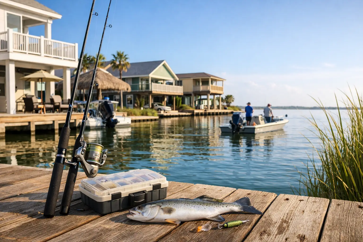 Fishing rods, a tackle box and a fish lie on a wooden dock beside waterfront homes and a boat with two people.