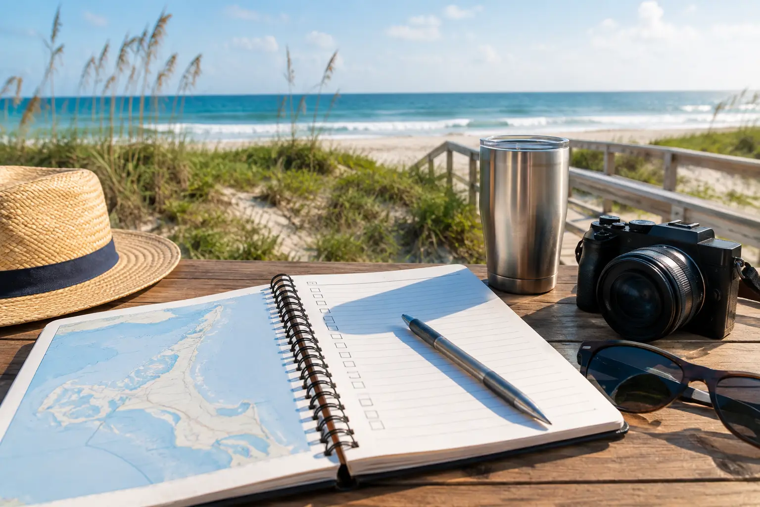 An open notebook, map, pen, hat, camera, sunglasses and tumbler sit on a wooden table overlooking the beach.
