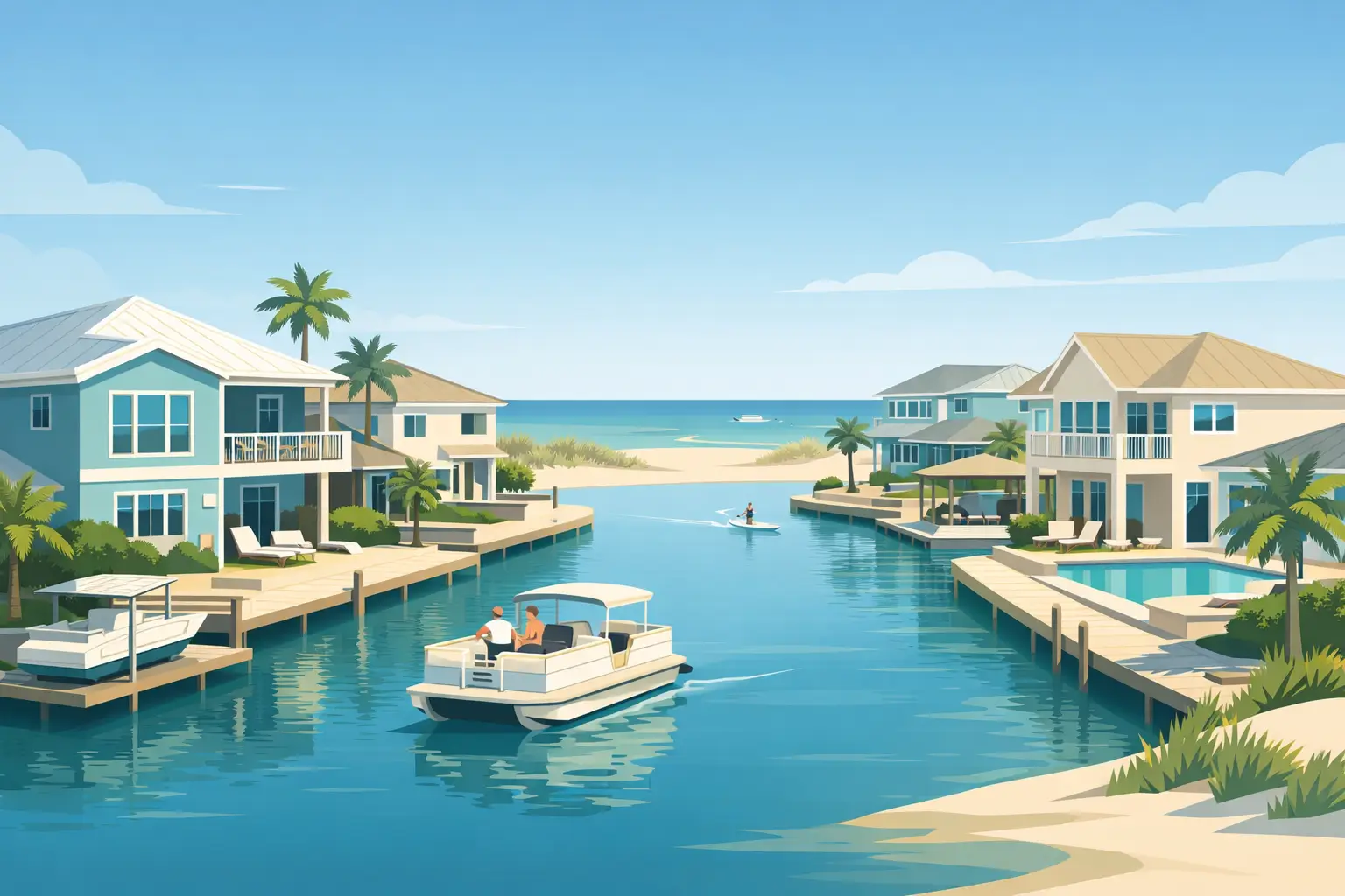 Illustration of homes, palm trees, docks and a swimming pool along a blue canal with boats.