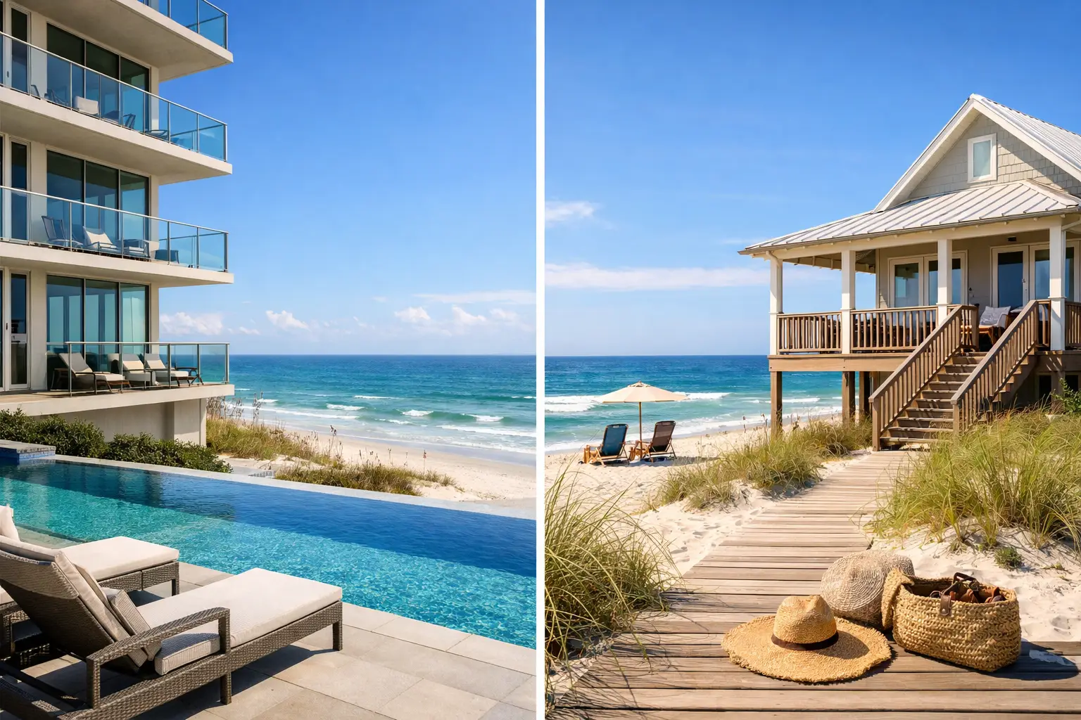 Side-by-side views of a beachfront building with balconies and a pool, and a raised beach house with a wooden walkway.