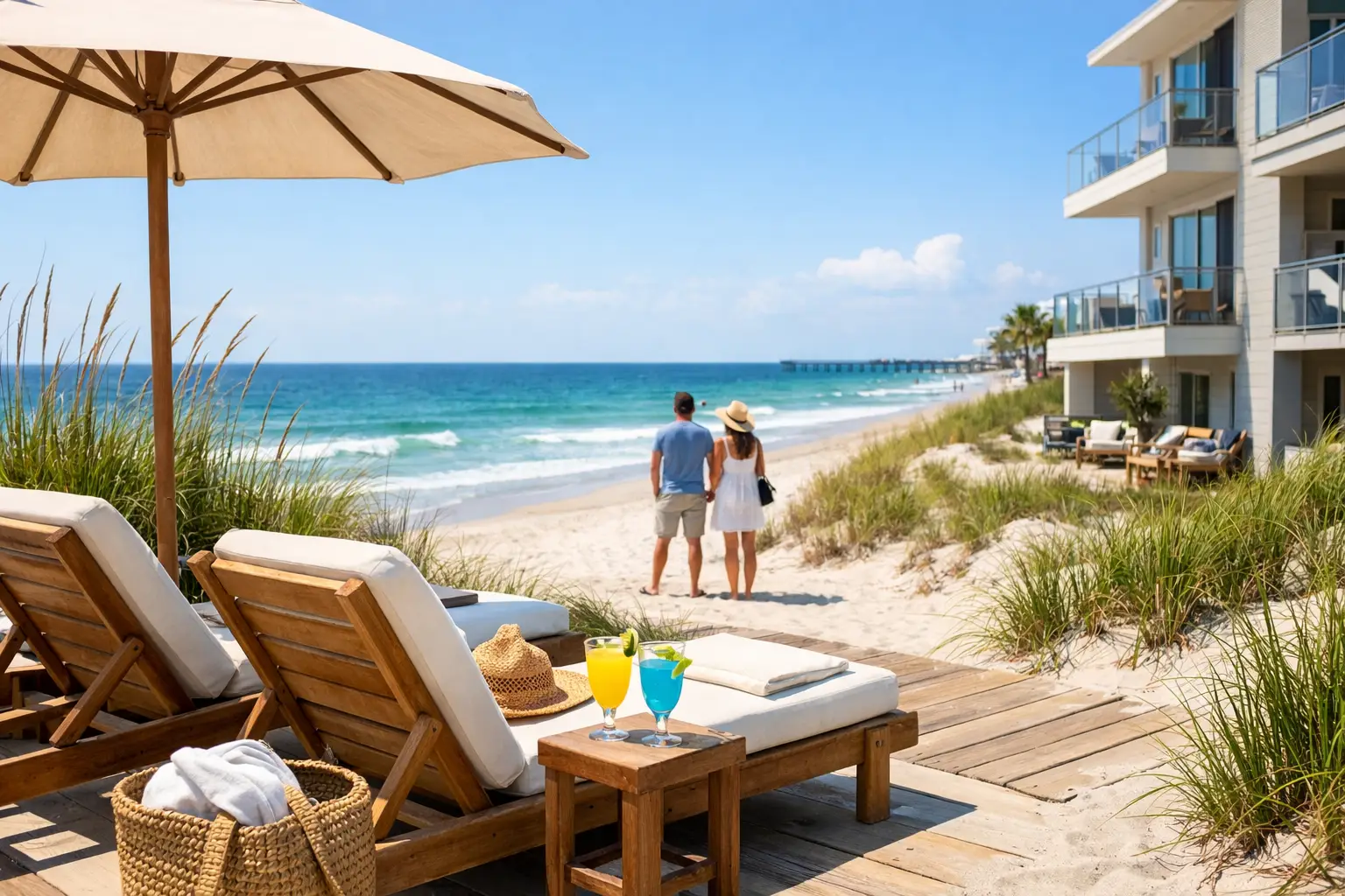 Lounge chairs and drinks sit beneath an umbrella beside a sandy beach, with two people and beachfront balconies nearby.