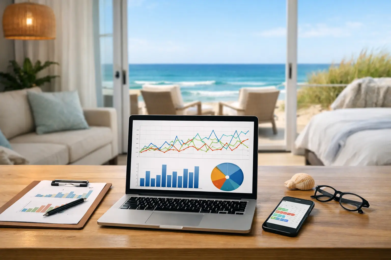 A laptop displaying charts sits beside a clipboard and phone on a wooden desk in a room overlooking the ocean.