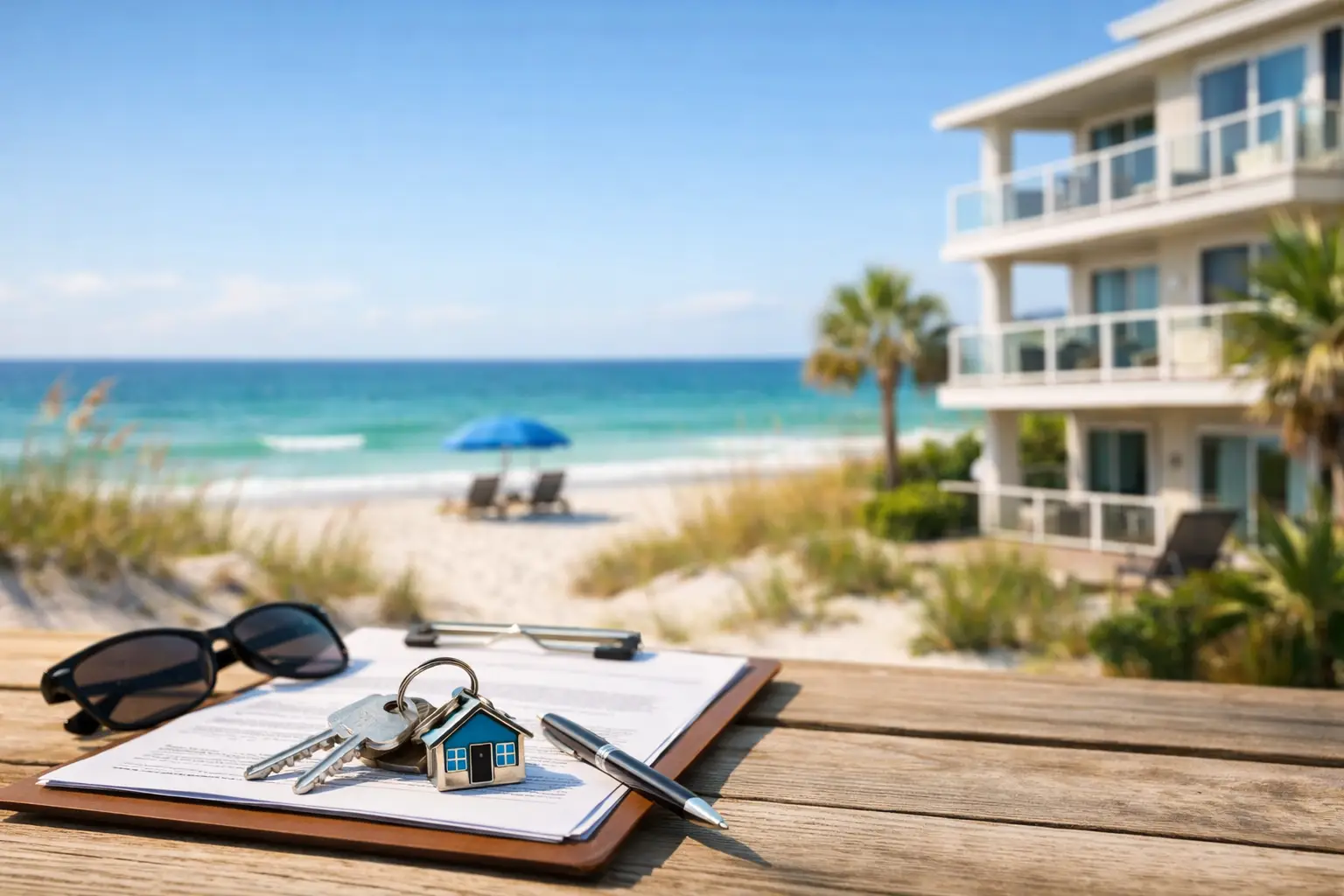 Keys with a house-shaped keychain rest on paperwork beside sunglasses, with a beach and balconies in the background.