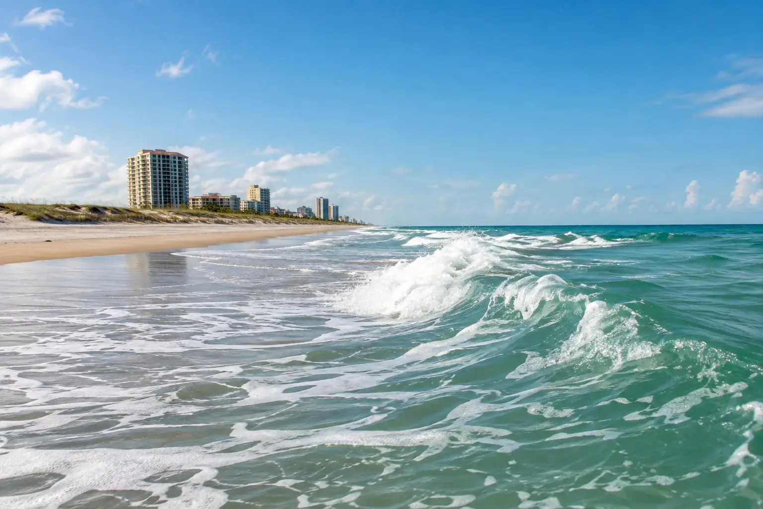 Turquoise waves break along a sandy beach lined with dunes and tall buildings beneath a blue sky.
