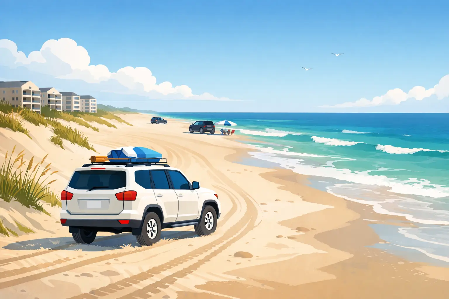 Illustration of SUVs on a sandy beach with tire tracks, ocean waves, grassy dunes, and waterfront buildings.