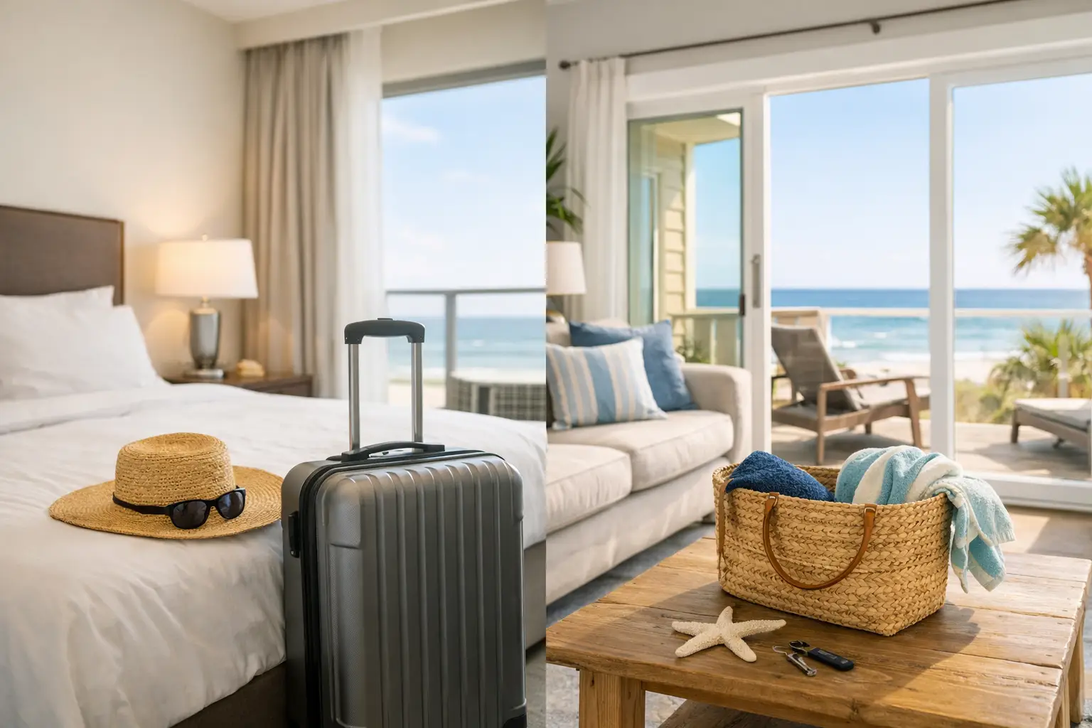 Side-by-side ocean-view rooms show a suitcase beside a bed and a beach bag on a coffee table near a sofa.