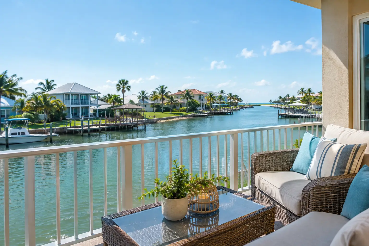Wicker seating and a glass-top table on a balcony overlook a canal lined with homes, palm trees, and docks.