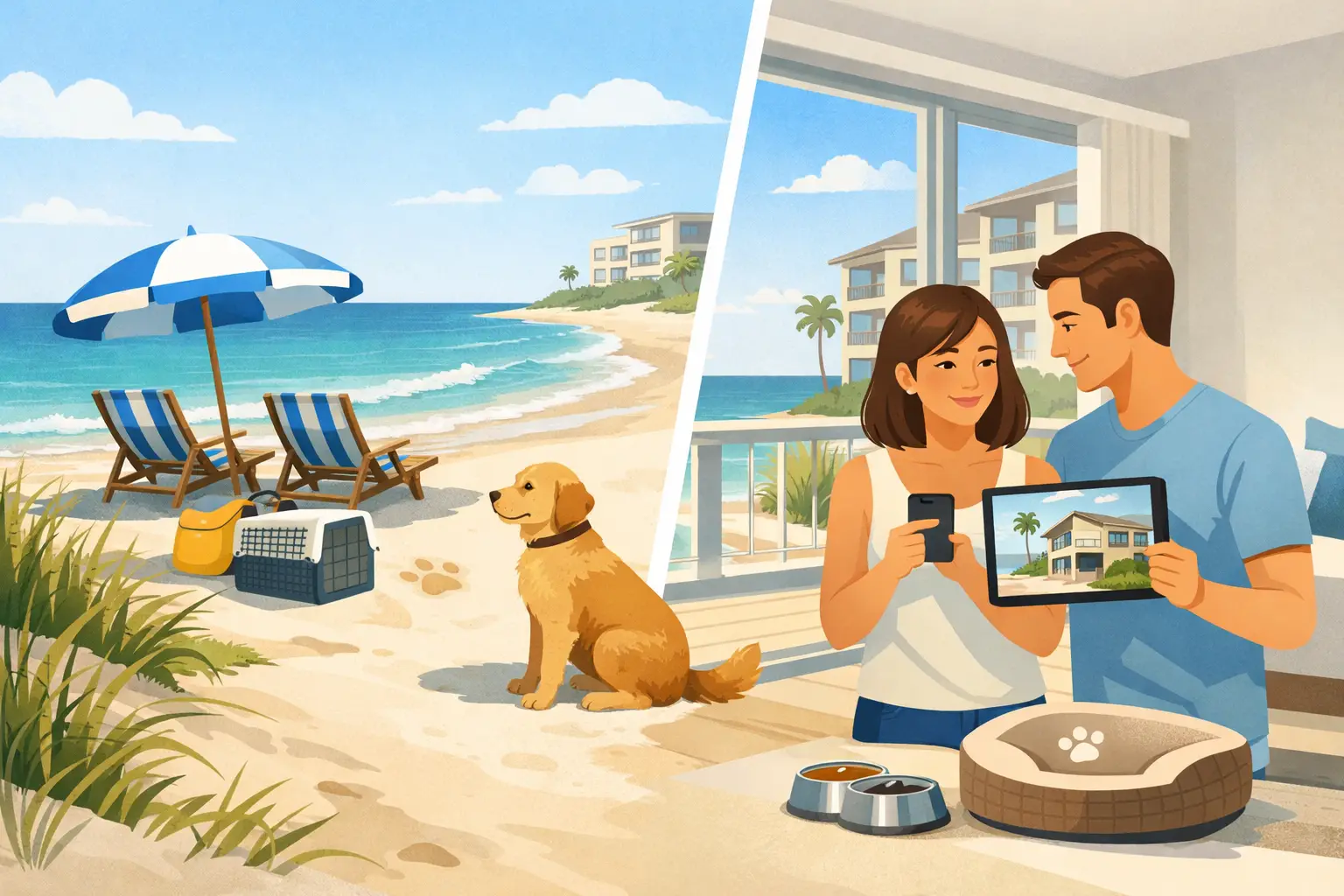 Illustration of a dog on a beach and a couple holding a phone and tablet, with a pet bed and bowls nearby.
