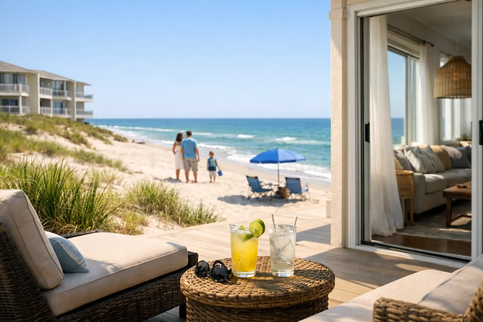 Two drinks sit on a wicker patio table overlooking a sandy beach with people, chairs and a blue umbrella.