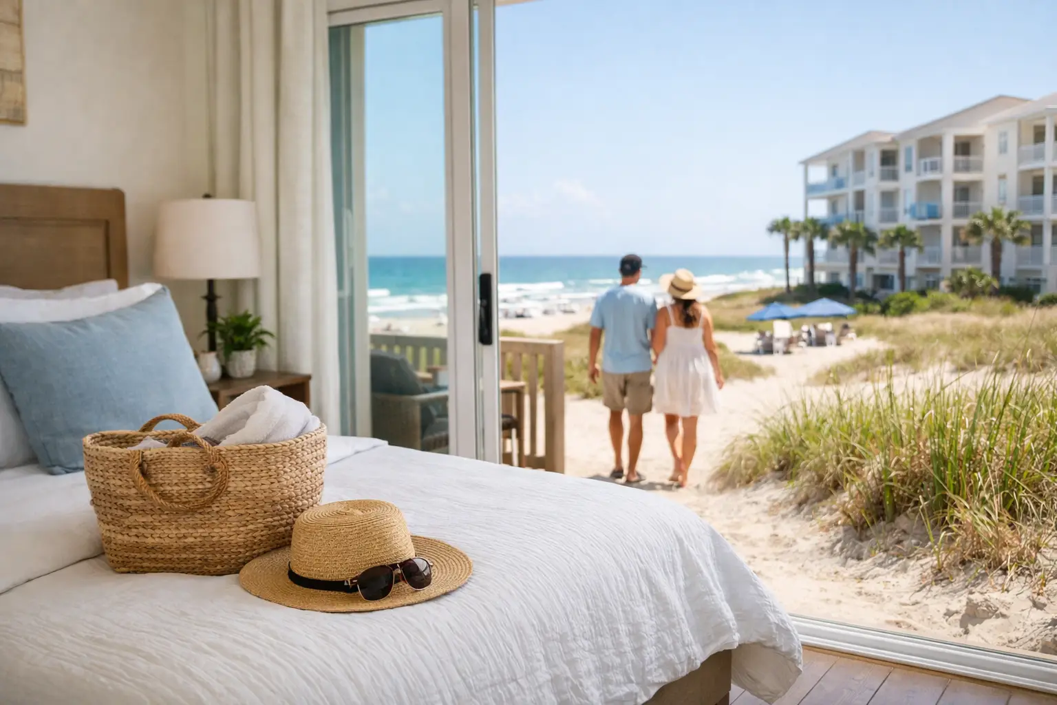 A straw bag and hat rest on a bed beside glass doors overlooking two people walking toward the beach.