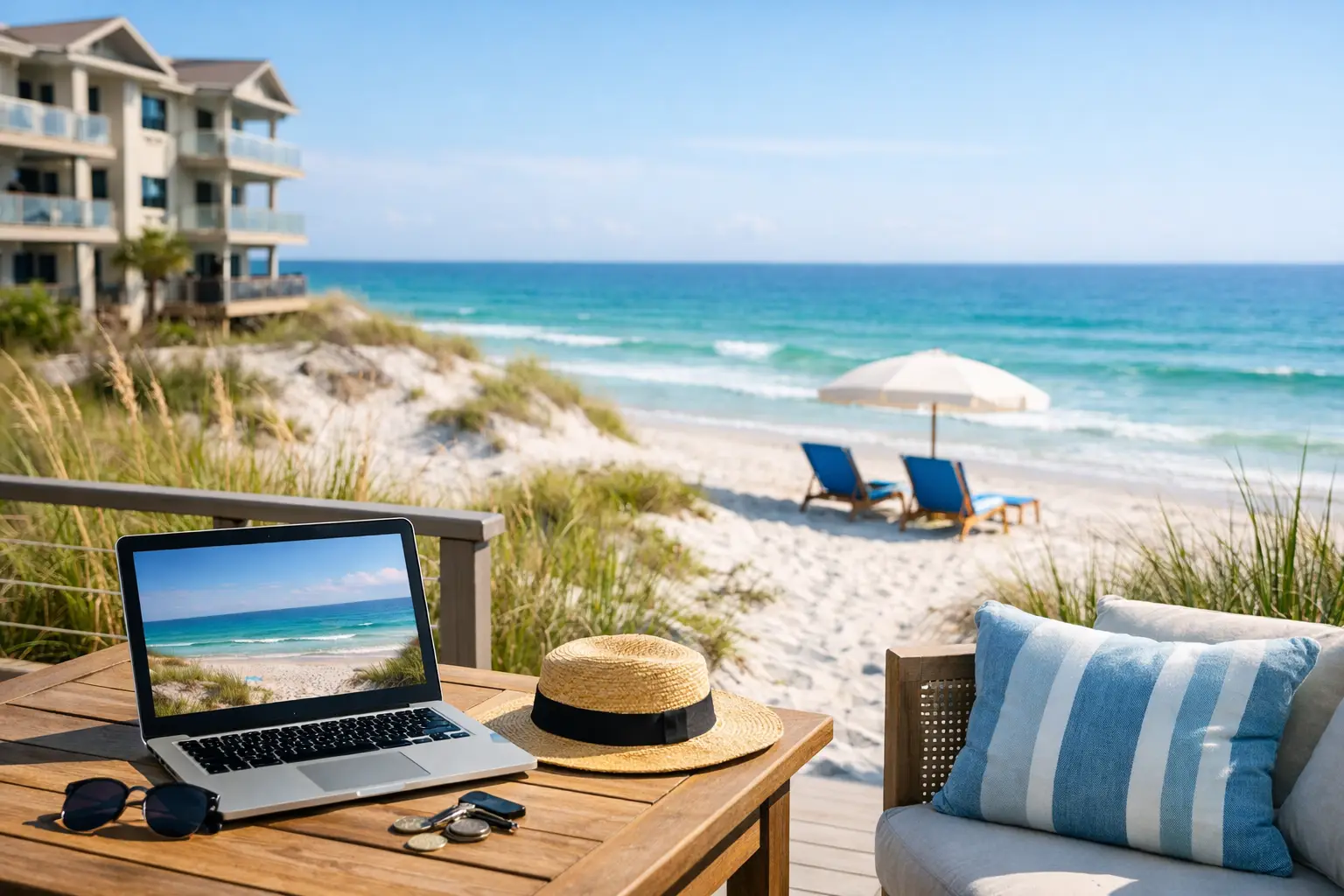 Laptop, straw hat, sunglasses and keys on a patio table overlooking a sandy beach with lounge chairs and an umbrella.