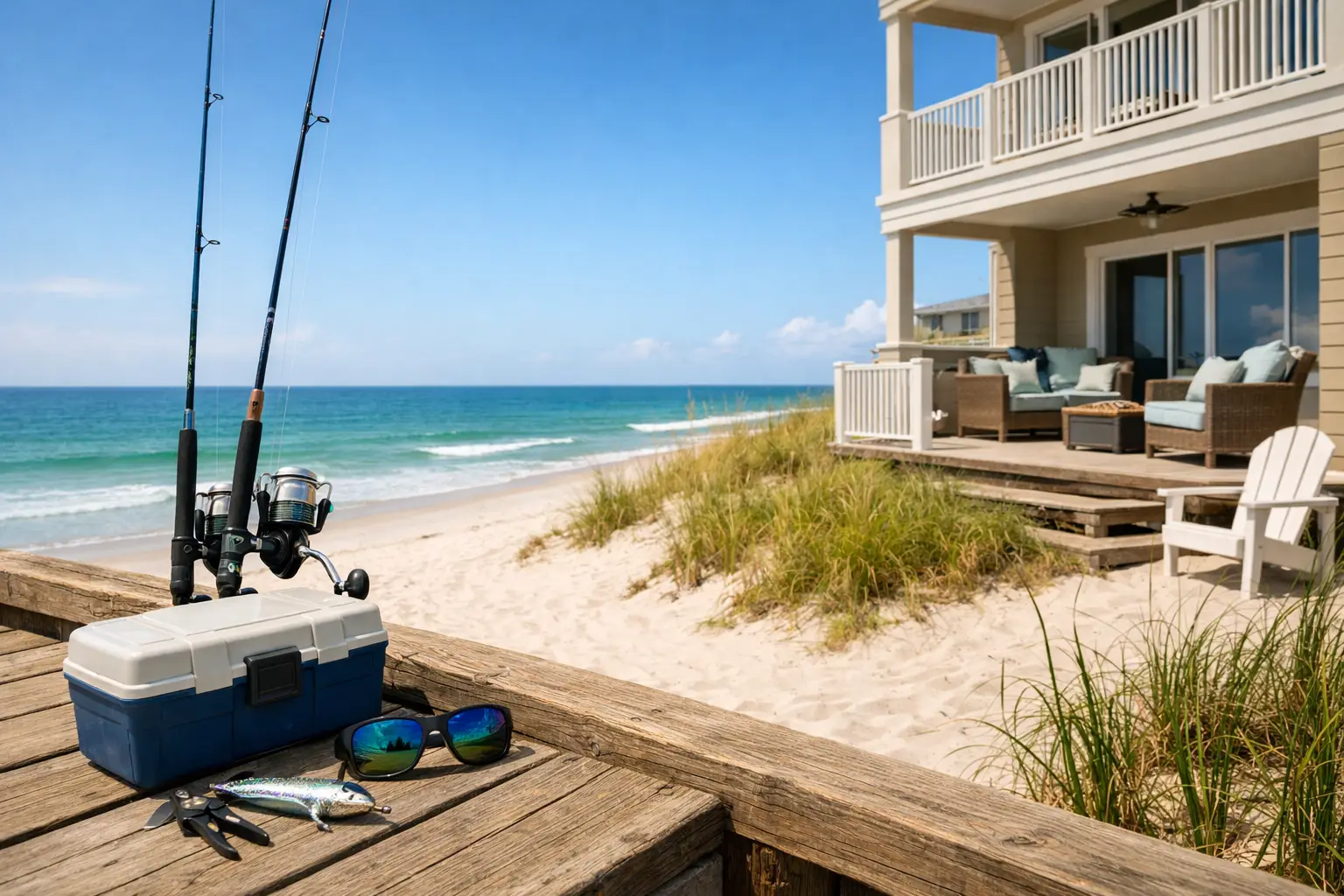 Fishing rods, a tackle box and sunglasses sit on a wooden deck beside a sandy beach and a house with a furnished porch.