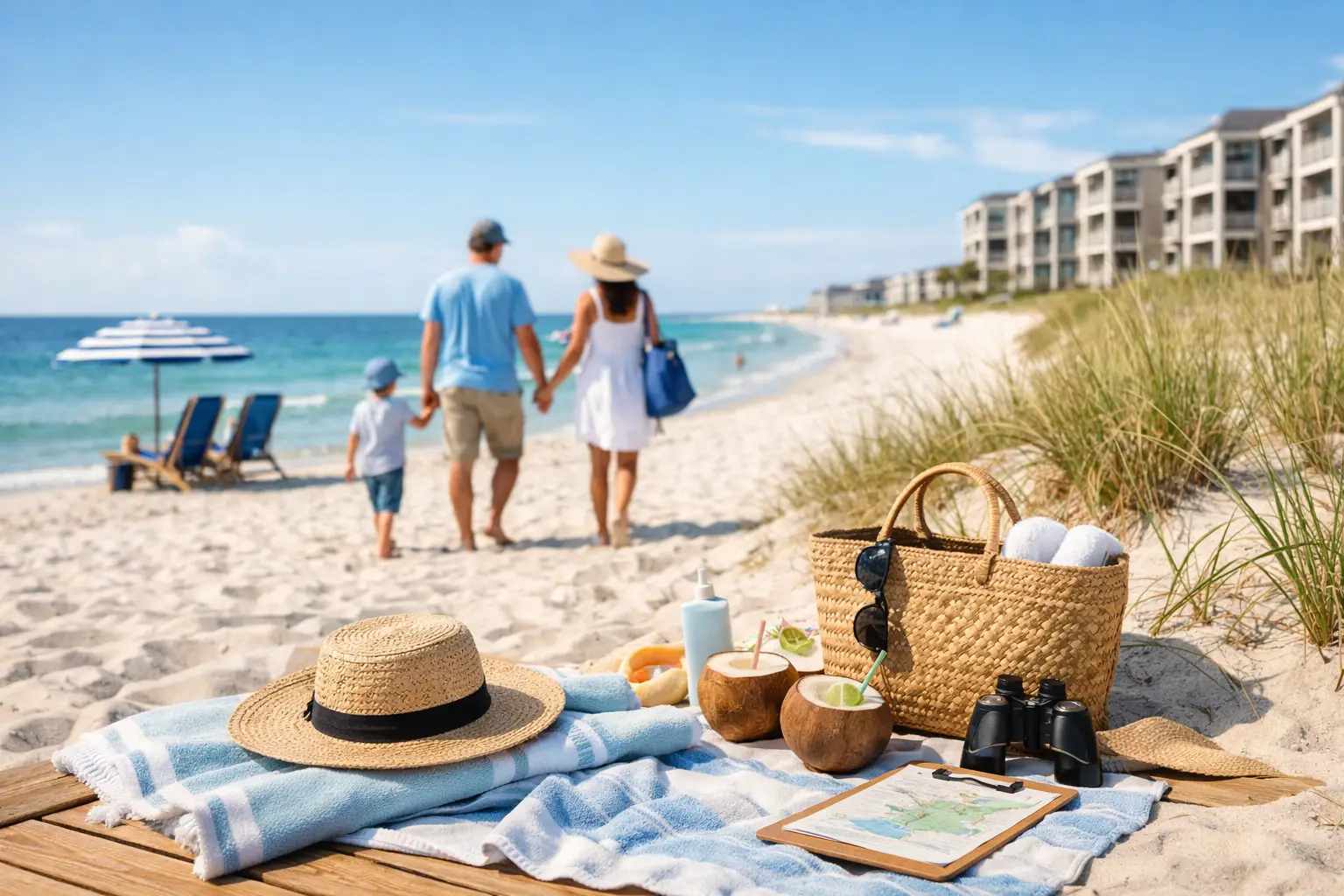 Two adults and a child walk along a sandy beach with towels, a straw hat, a woven bag and drinks in the foreground.