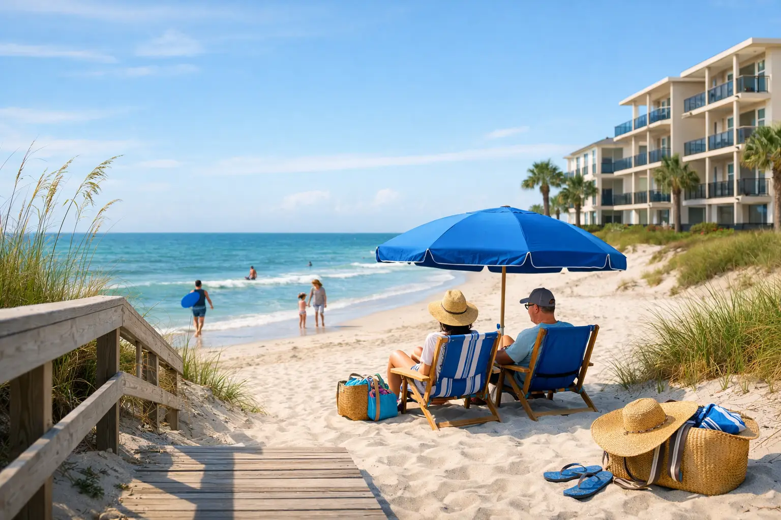 Two people sit beneath a blue umbrella on a sandy beach, with swimmers and beachfront buildings nearby.