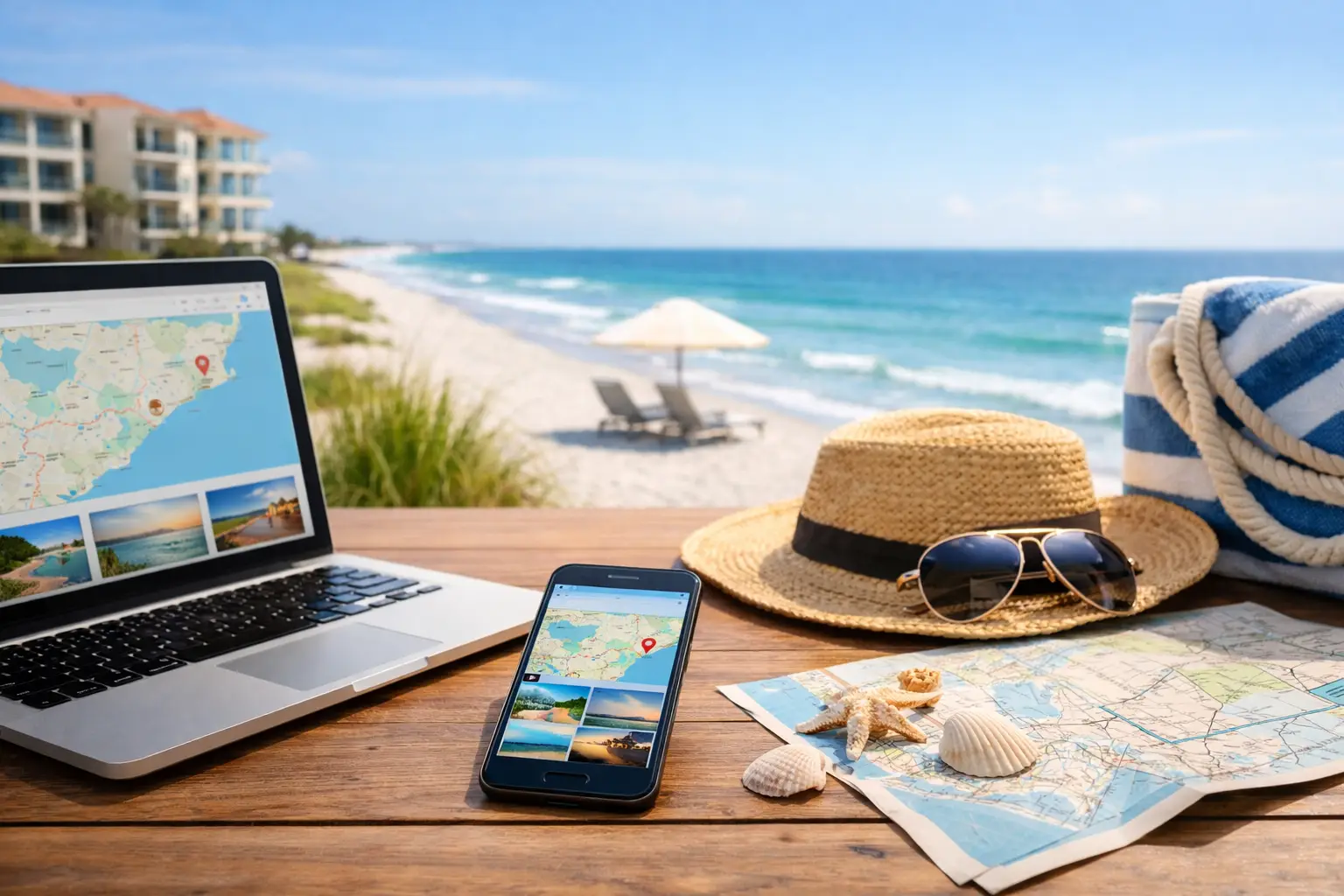 A laptop, phone, map, straw hat, sunglasses and seashells sit on a wooden table overlooking a sandy beach.