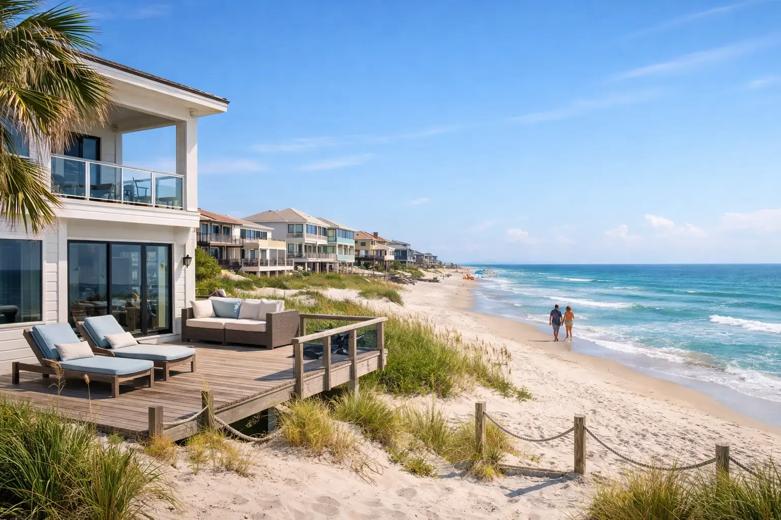 Beachfront homes line a sandy shore, with lounge chairs on a wooden deck and two people walking beside turquoise waves.