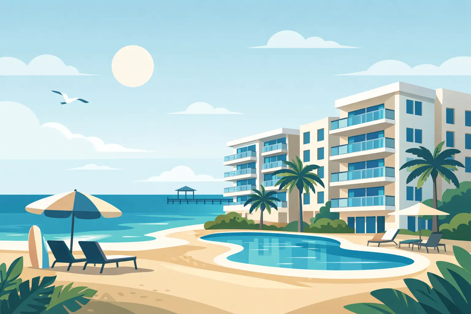 Illustration of beachfront buildings with balconies, a swimming pool, palm trees, lounge chairs, and umbrellas.