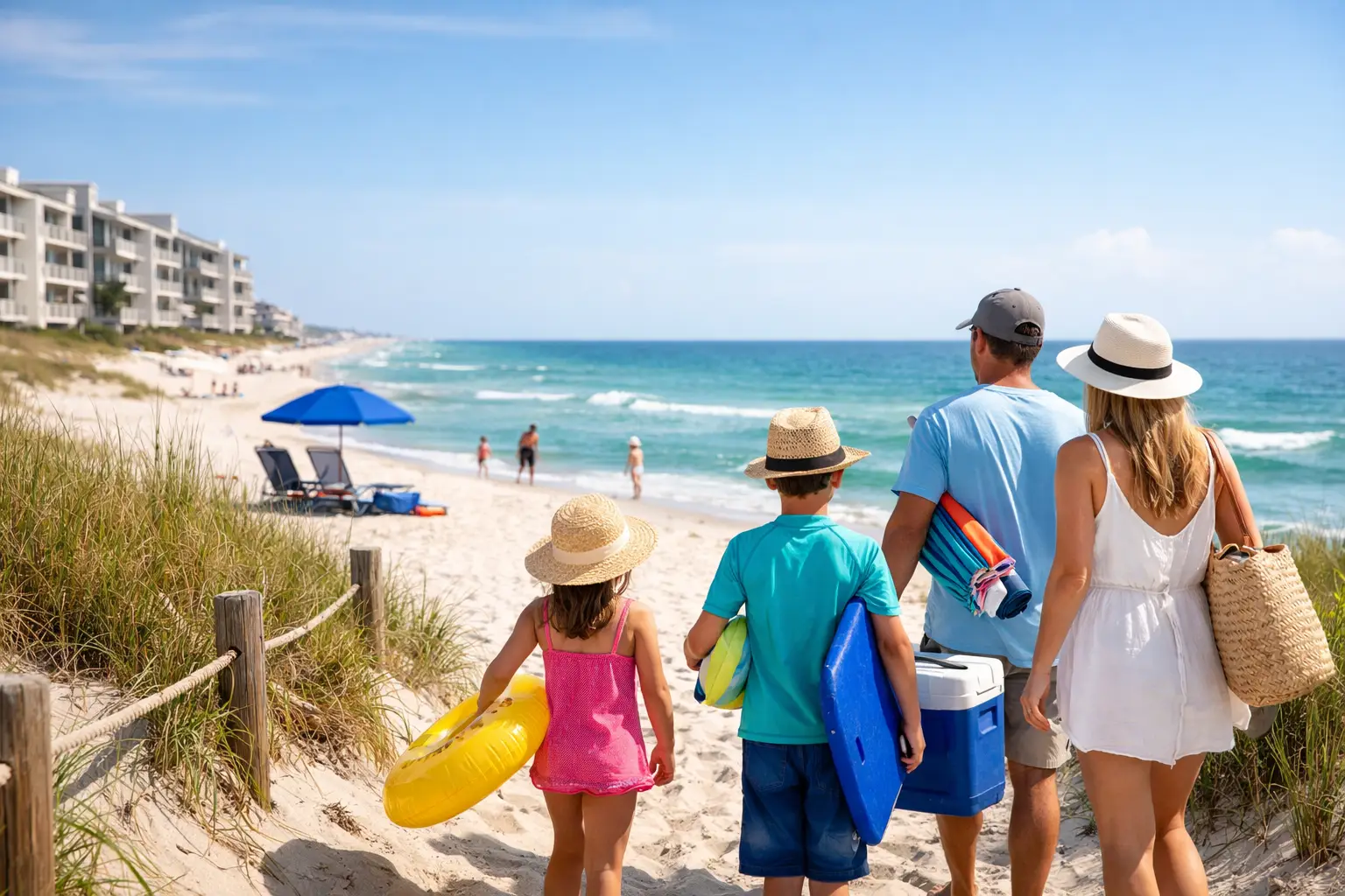 Two adults and two children carry beach gear down a sandy path toward the ocean.