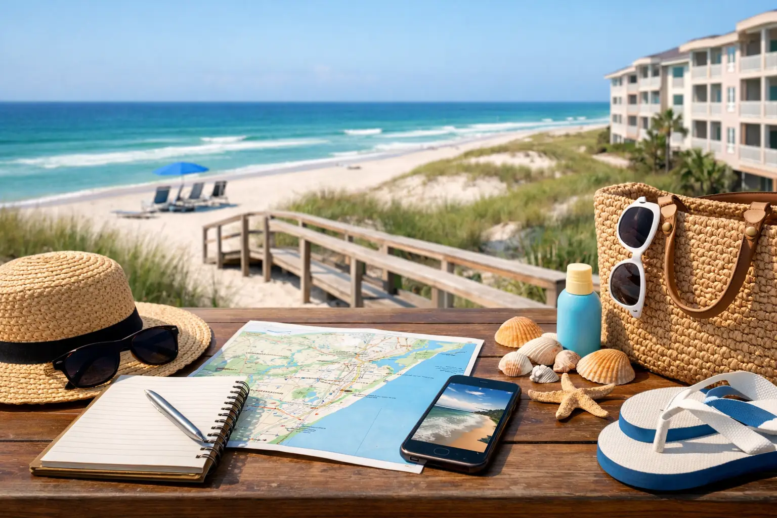 Map, notebook, phone, straw hat and beach gear on a wooden table overlooking a sandy beach and turquoise ocean.
