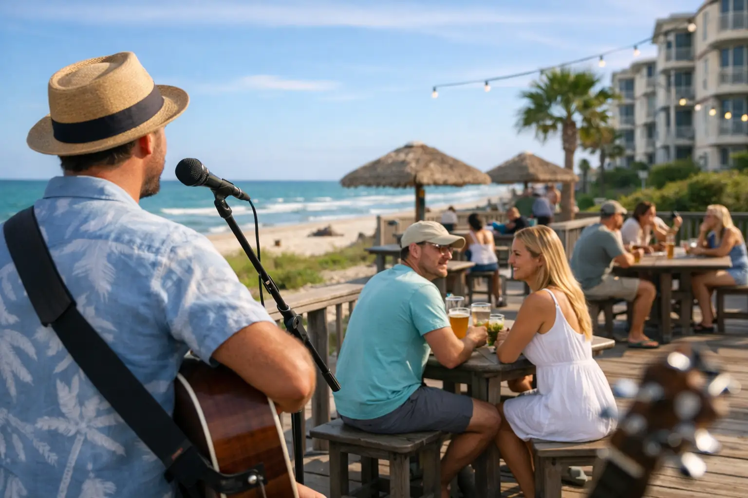 A guitarist in a straw hat performs beside people seated at picnic tables on a beachfront deck.