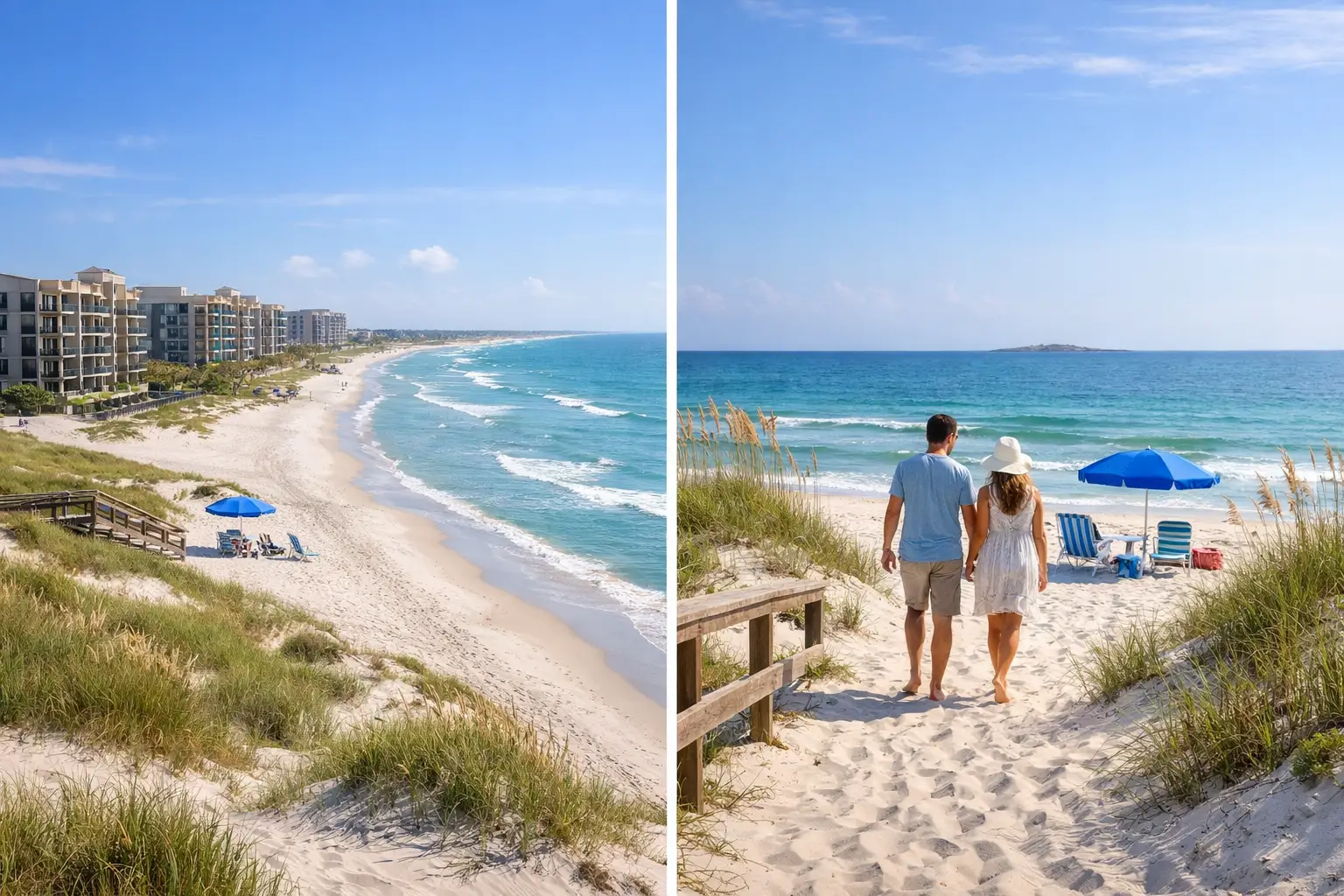 Side-by-side beach views show waterfront buildings and two people walking through sandy dunes toward blue umbrellas.