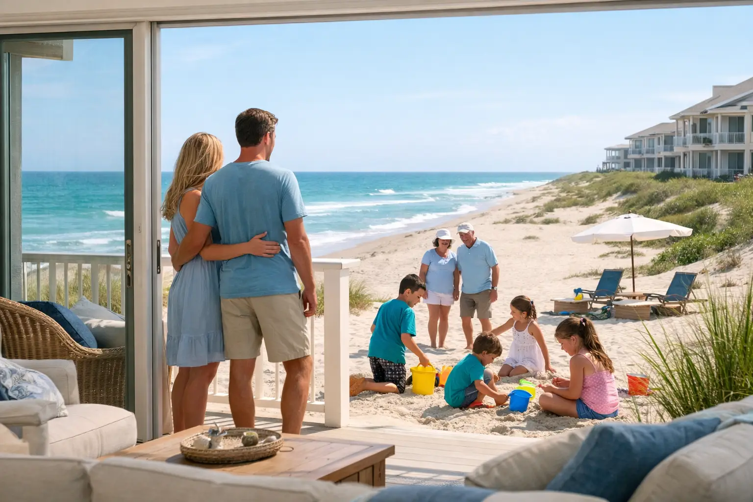 Adults watch children playing in the sand outside a beachfront living room with open sliding doors.