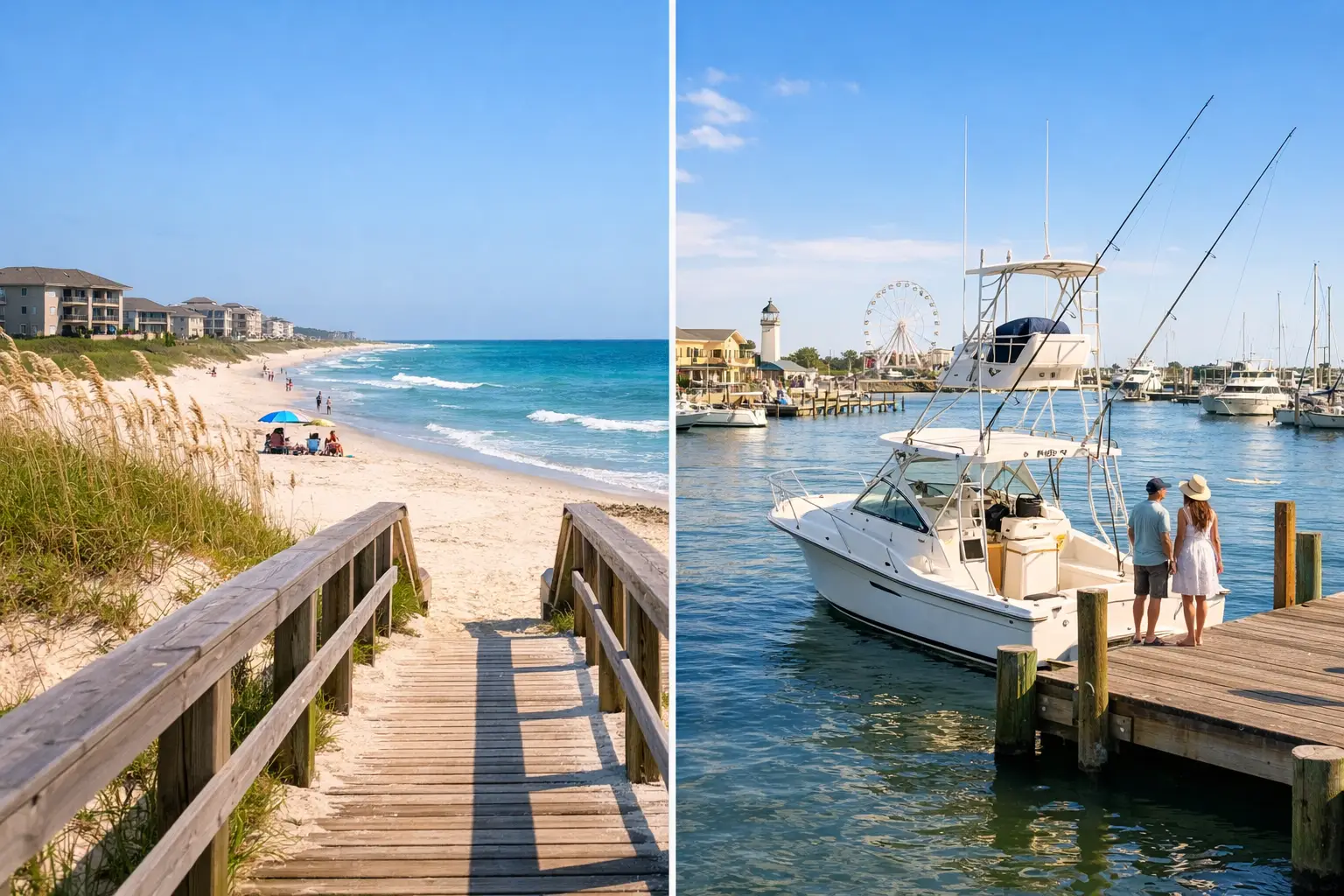 Side-by-side views show a boardwalk to a sandy beach and two people on a marina dock beside a fishing boat.
