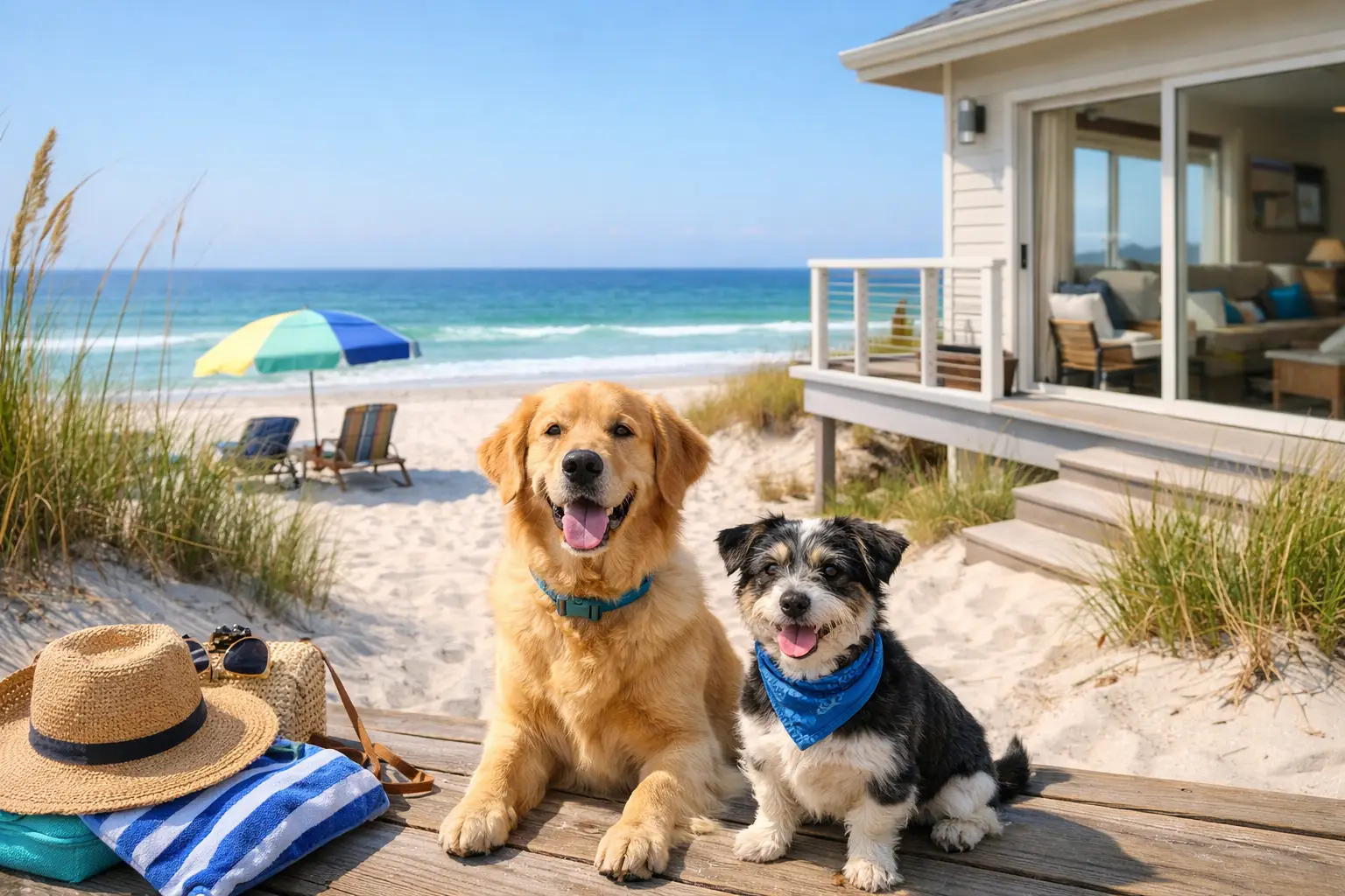 Two dogs sit on a wooden deck beside a beach house, with sand, ocean waves, and a colorful umbrella behind them.