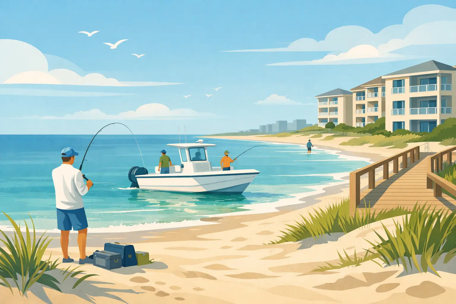Illustration of people fishing from a beach and a small boat, with waterfront buildings and a wooden boardwalk.
