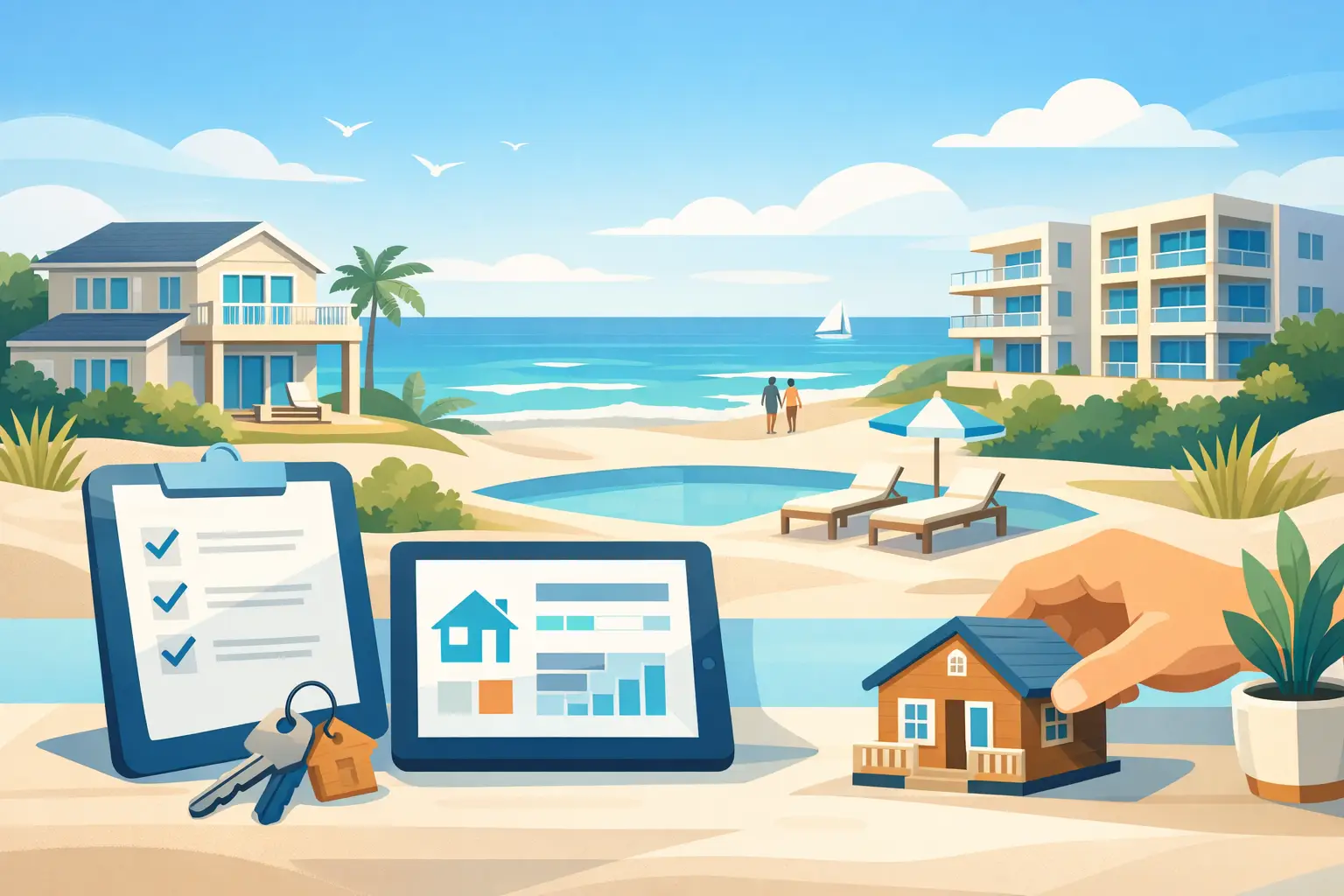 Illustration of a checklist, keys, tablet and model house in front of seaside homes and a pool.