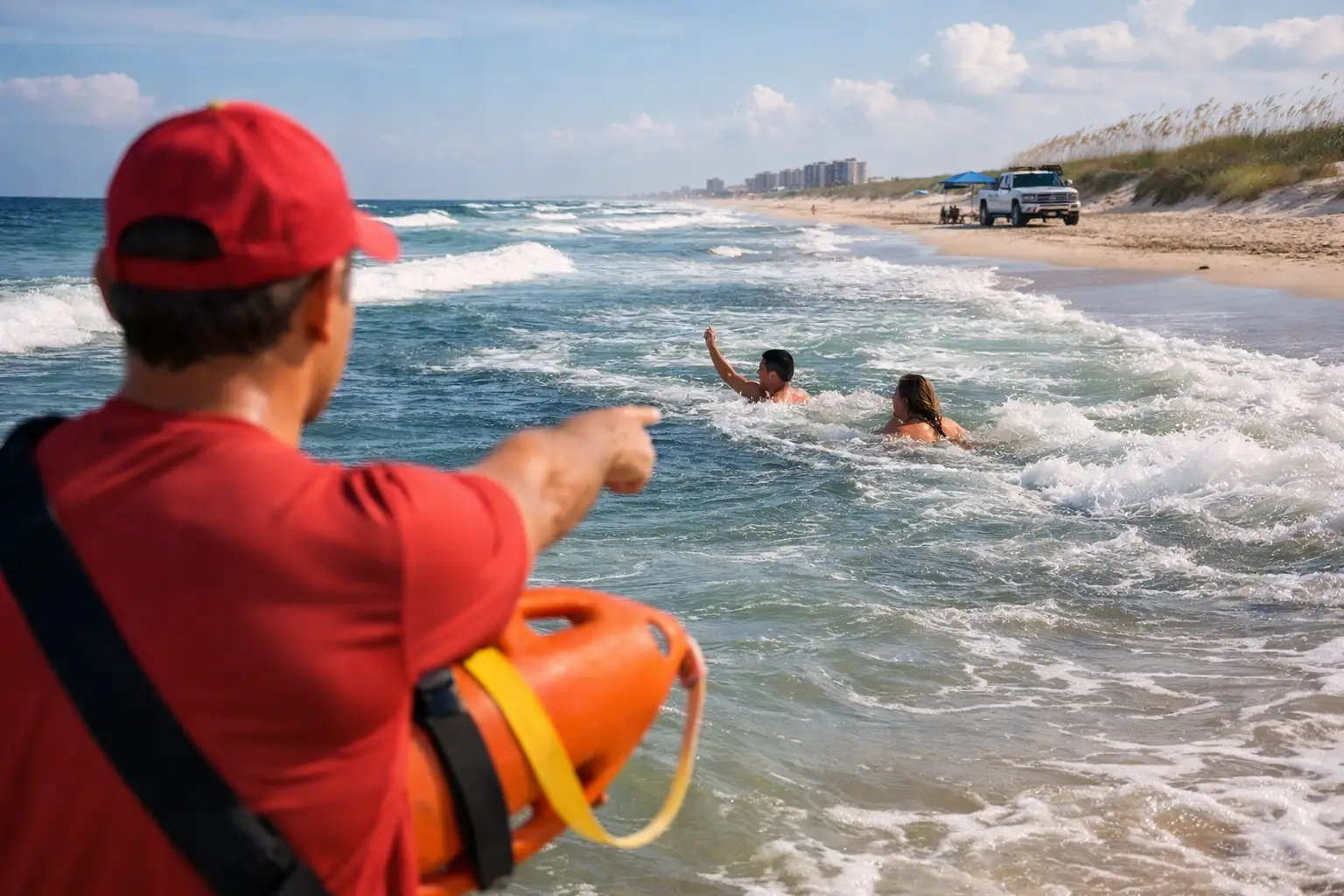 A person in red holding an orange rescue float points toward two swimmers in breaking waves near a sandy beach.