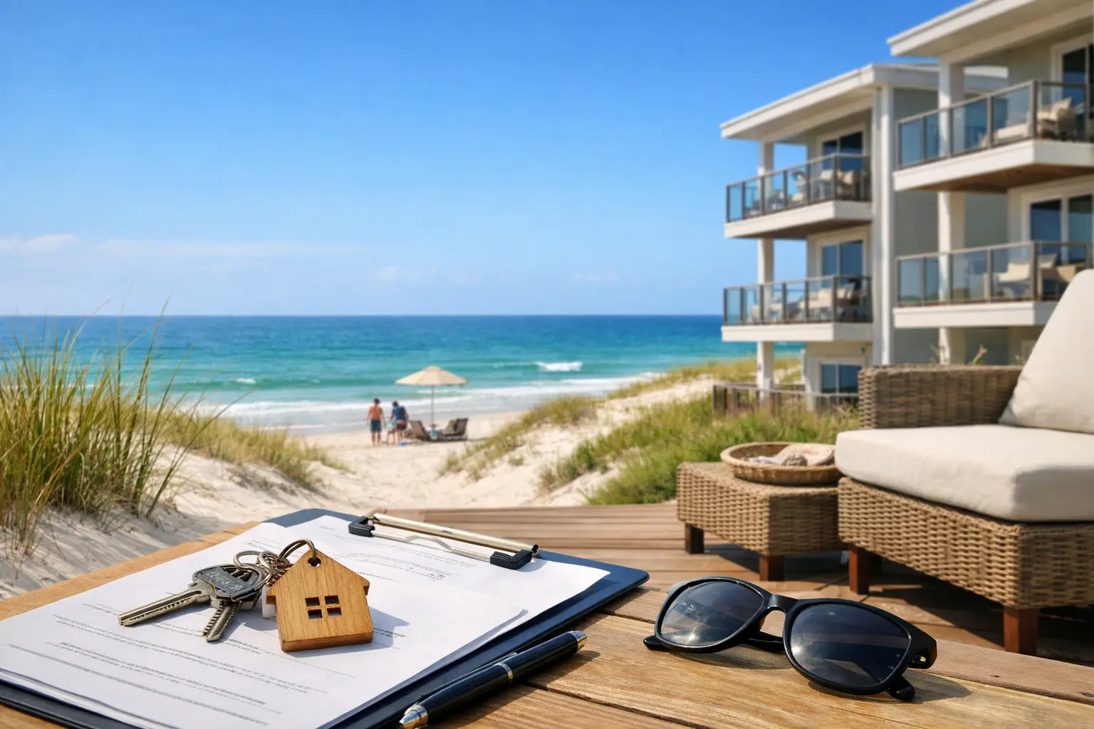 Keys with a house-shaped keychain, a clipboard and sunglasses on a table overlooking a beach and balconies.