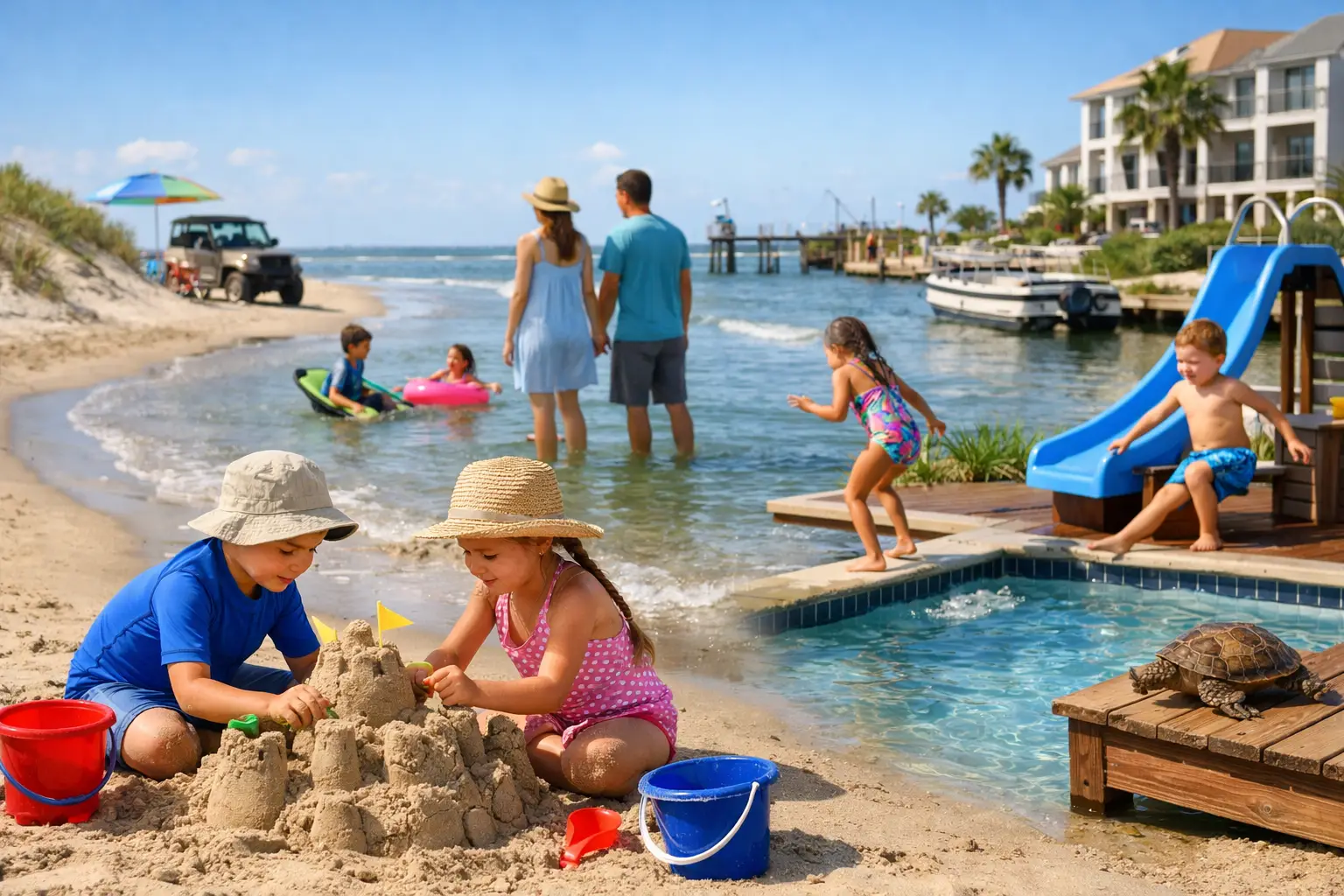 Children build a sandcastle on a beach while adults wade and other children play near a pool with a blue slide.
