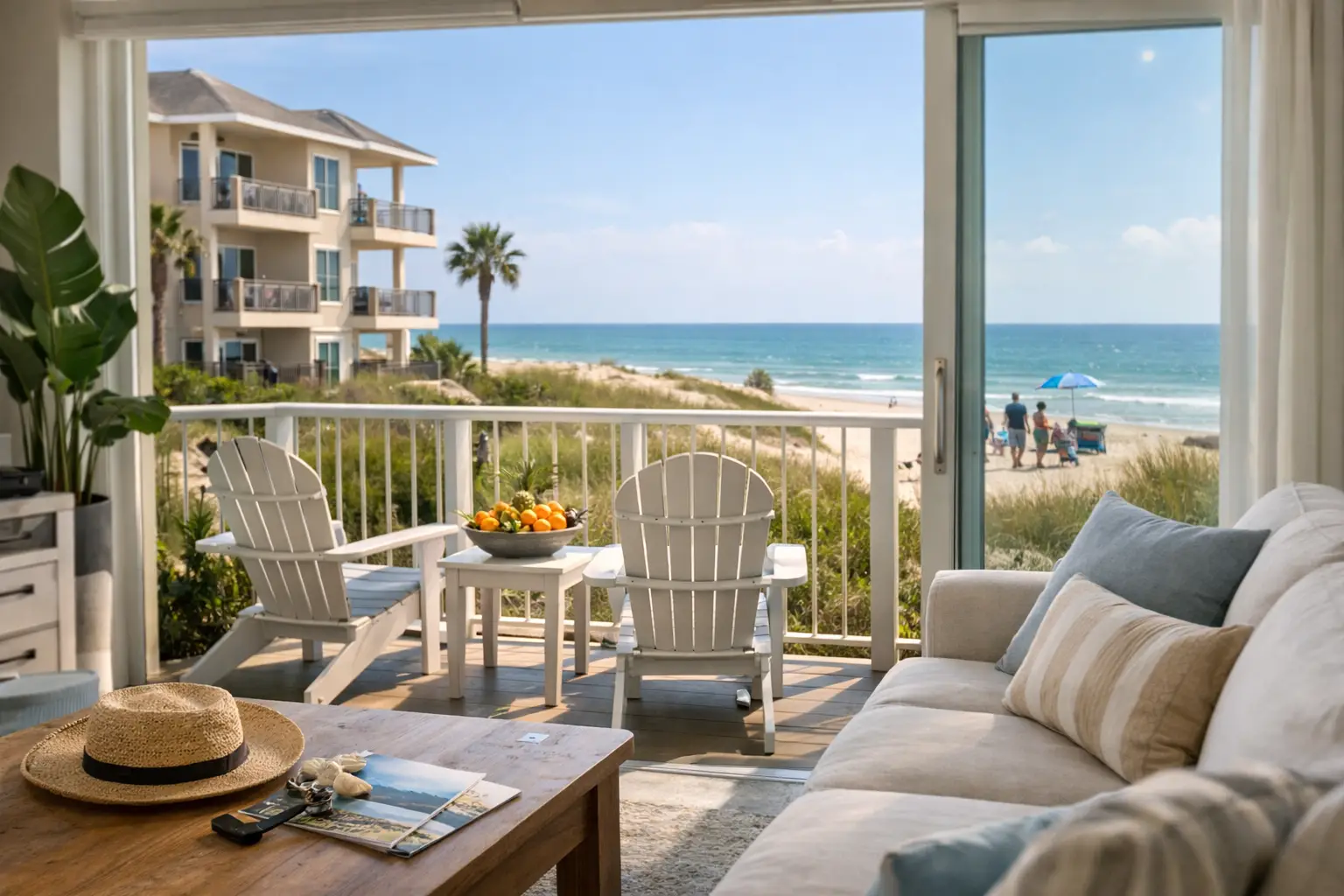 Living room with a sofa and coffee table opens onto a balcony with white chairs overlooking a sandy beach and ocean.