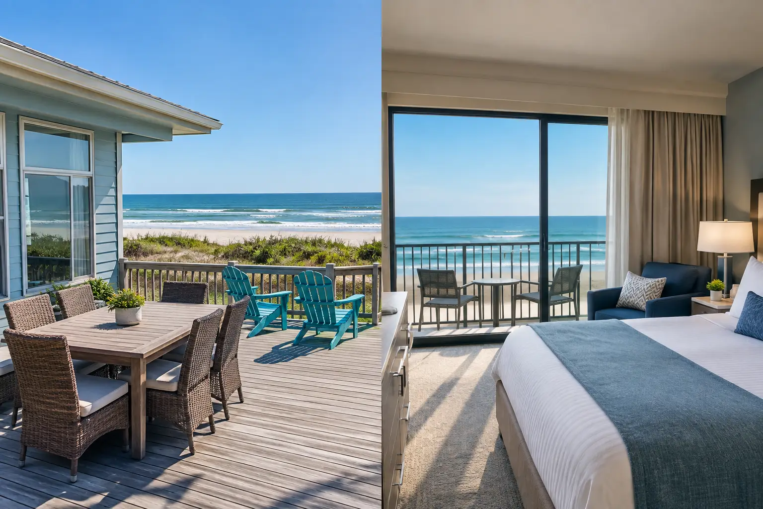 Side-by-side views of a furnished beachfront deck and a bedroom with a balcony overlooking the ocean.