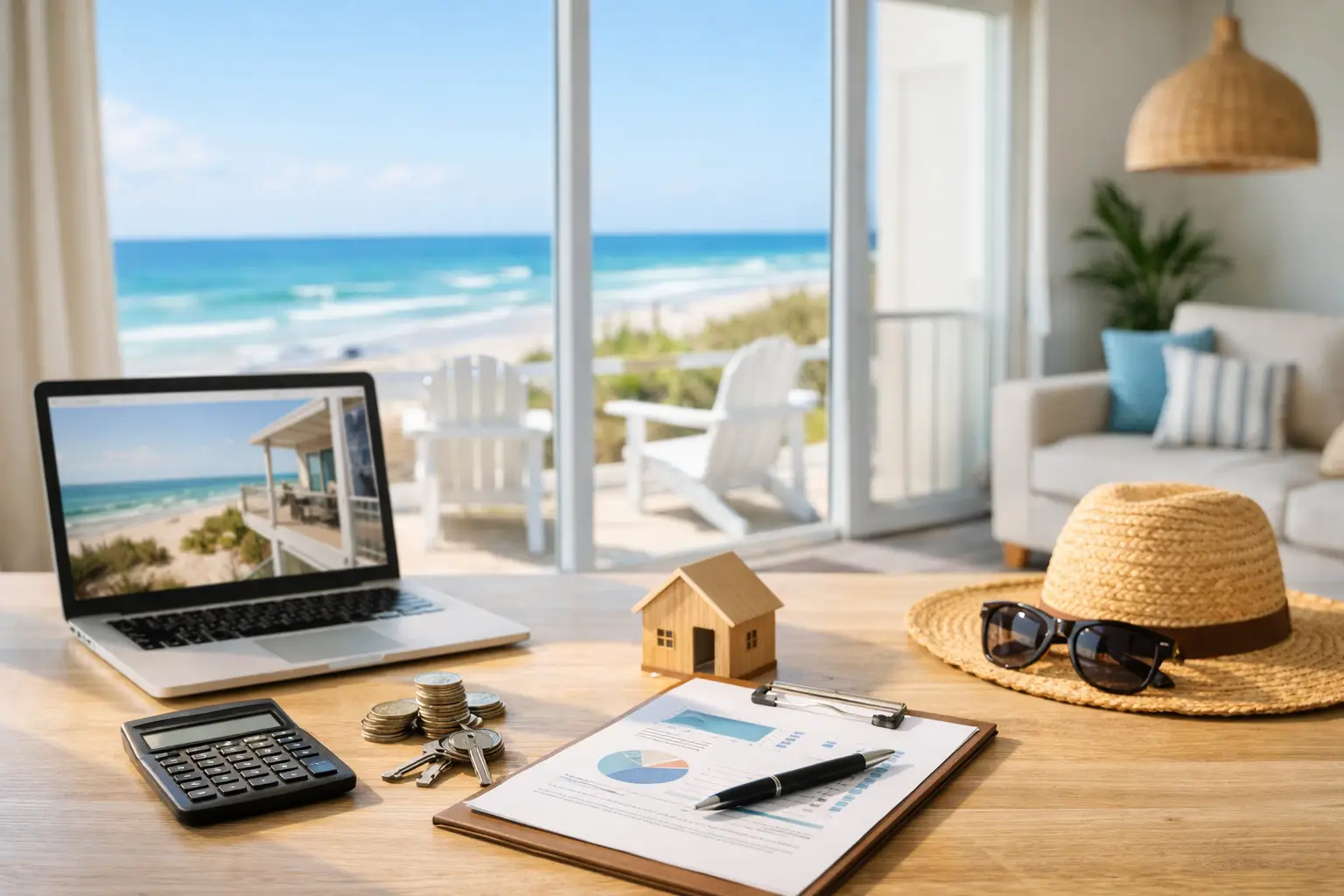 Laptop, calculator, coins, keys, model house, clipboard and straw hat on a table overlooking a beach.