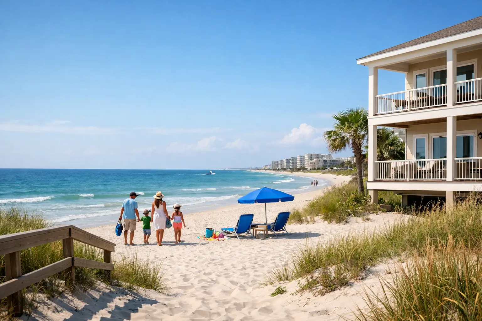 Adults and children walk toward the ocean on a sandy beach beside blue lounge chairs, an umbrella, and a beachfront building.