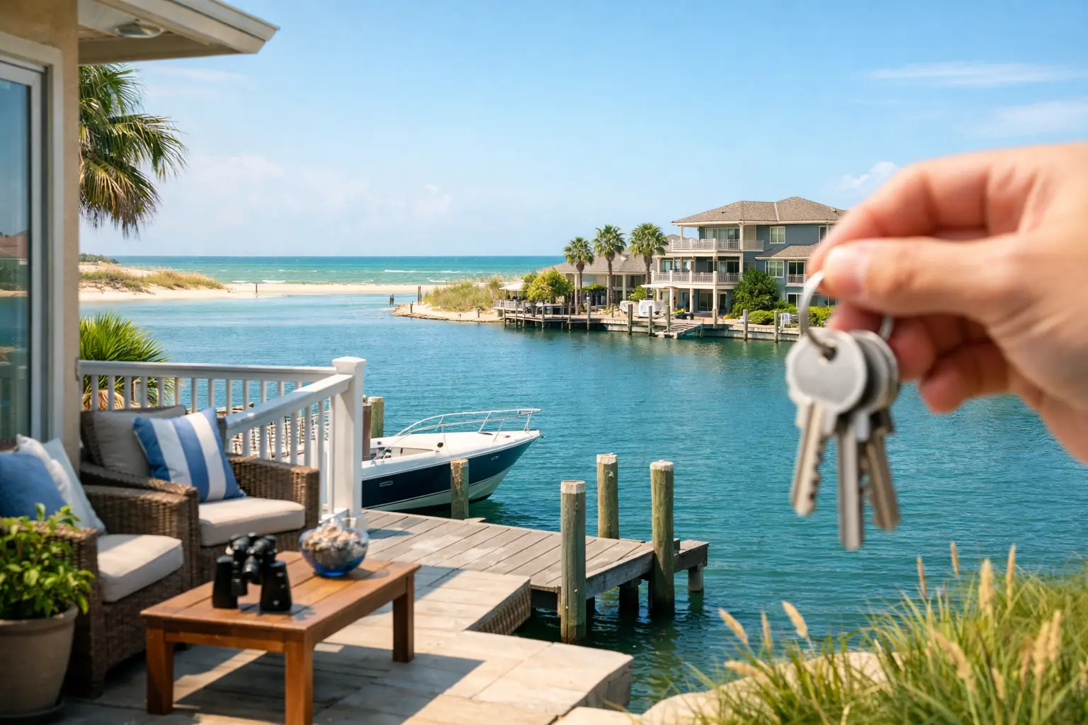 A hand holds keys above a waterfront patio with wicker chairs, a dock, a motorboat, and houses across the water.