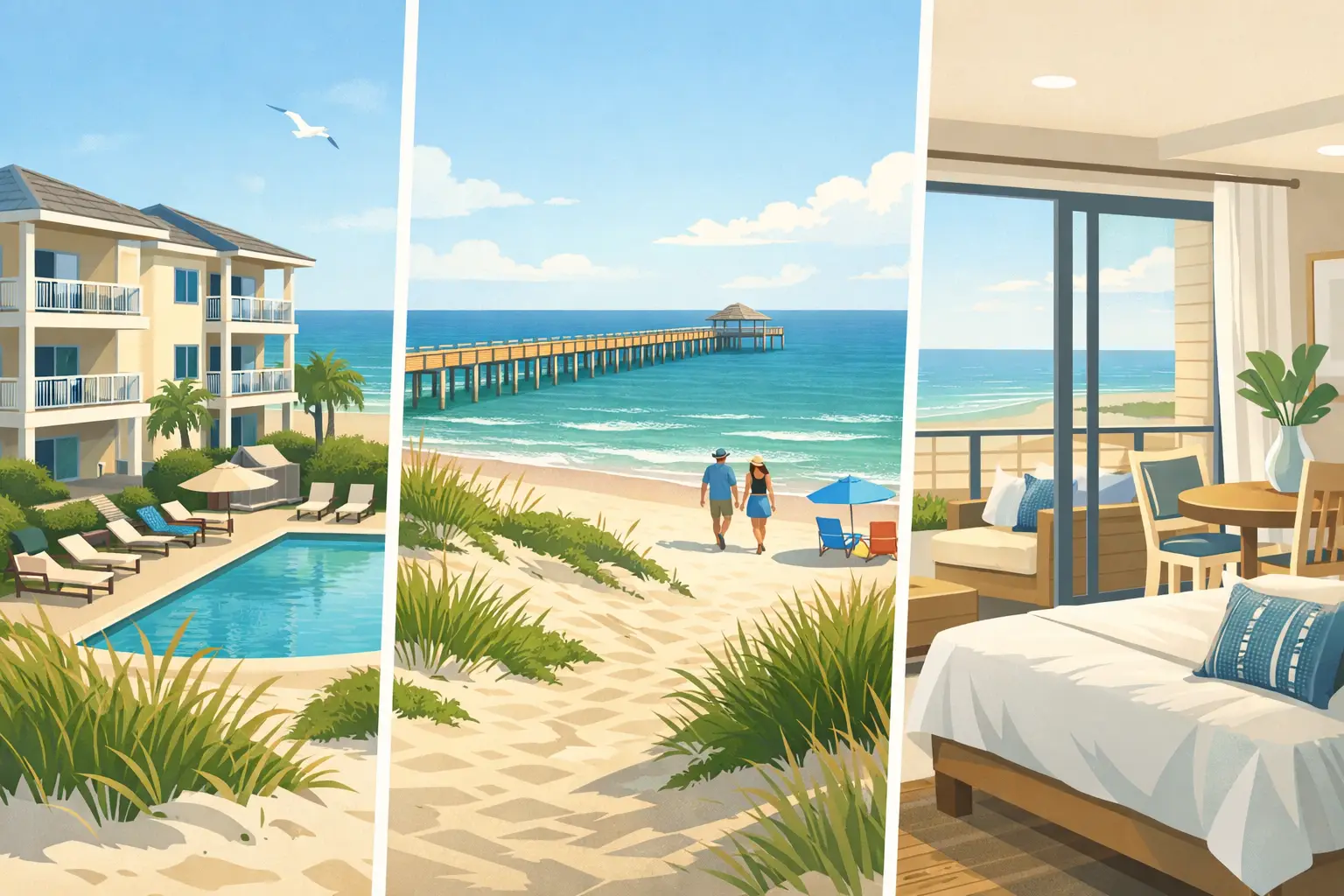 Three-panel illustration shows seaside buildings and a pool, a couple on a beach near a pier, and an ocean-view bedroom.
